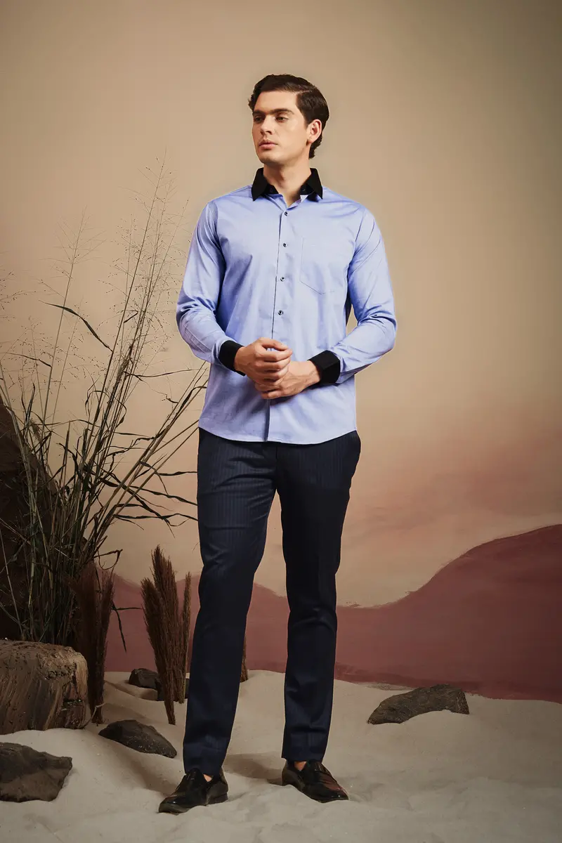 Wistful Blue Solid Premium Cotton Black Cuff Collar Shirt 10