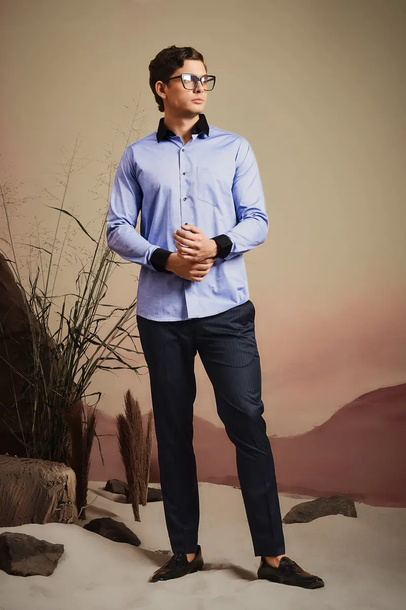 Wistful Blue Solid Premium Cotton Black Cuff Collar Shirt 11