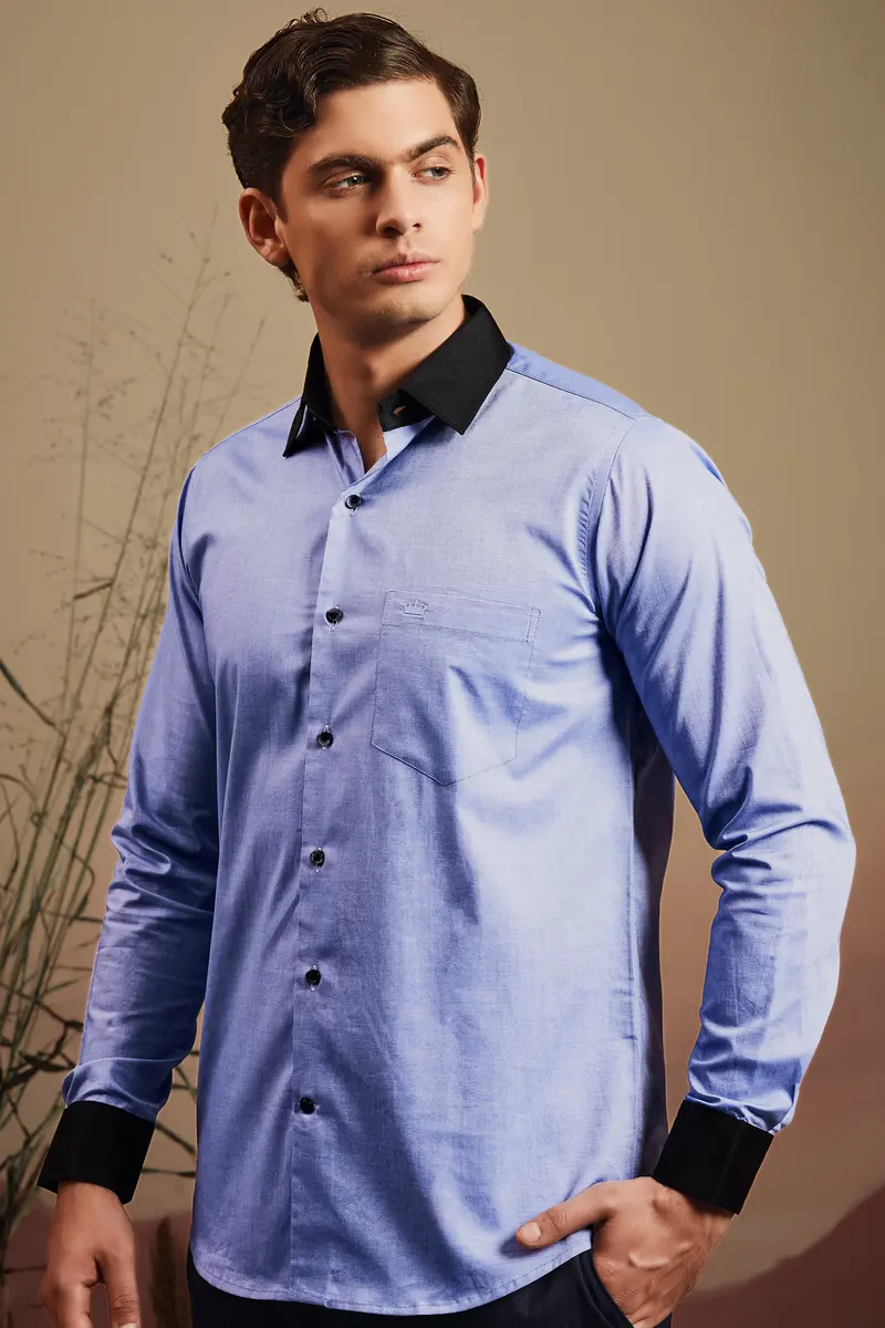 Wistful Blue Solid Premium Cotton Black Cuff Collar Shirt 13