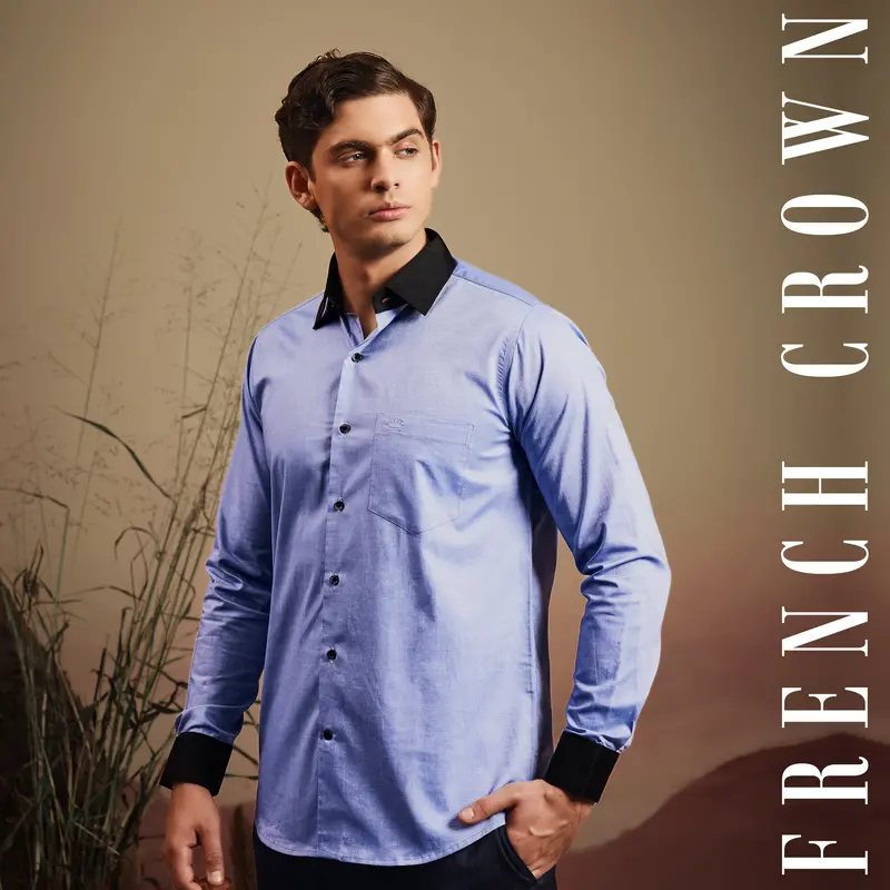 Wistful Blue Solid Premium Cotton Black Cuff Collar Shirt 14