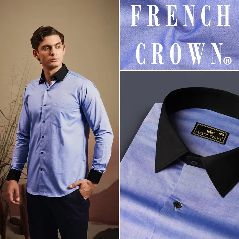 Wistful Blue Solid Premium Cotton Black Cuff Collar Shirt 15