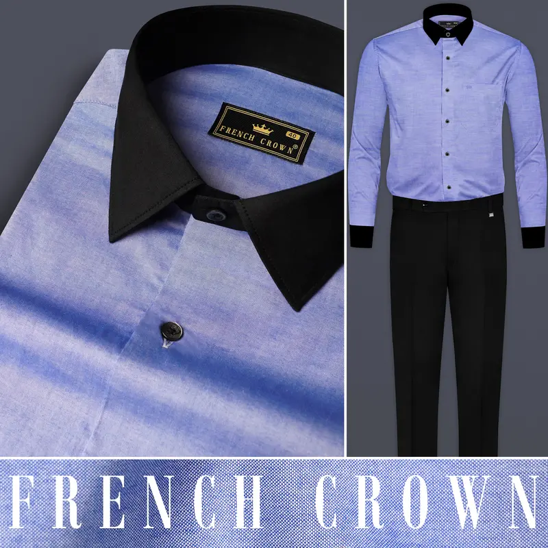 Wistful Blue Solid Premium Cotton Black Cuff Collar Shirt 18