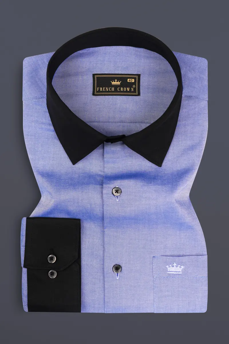 Wistful Blue Solid Premium Cotton Black Cuff Collar Shirt 2