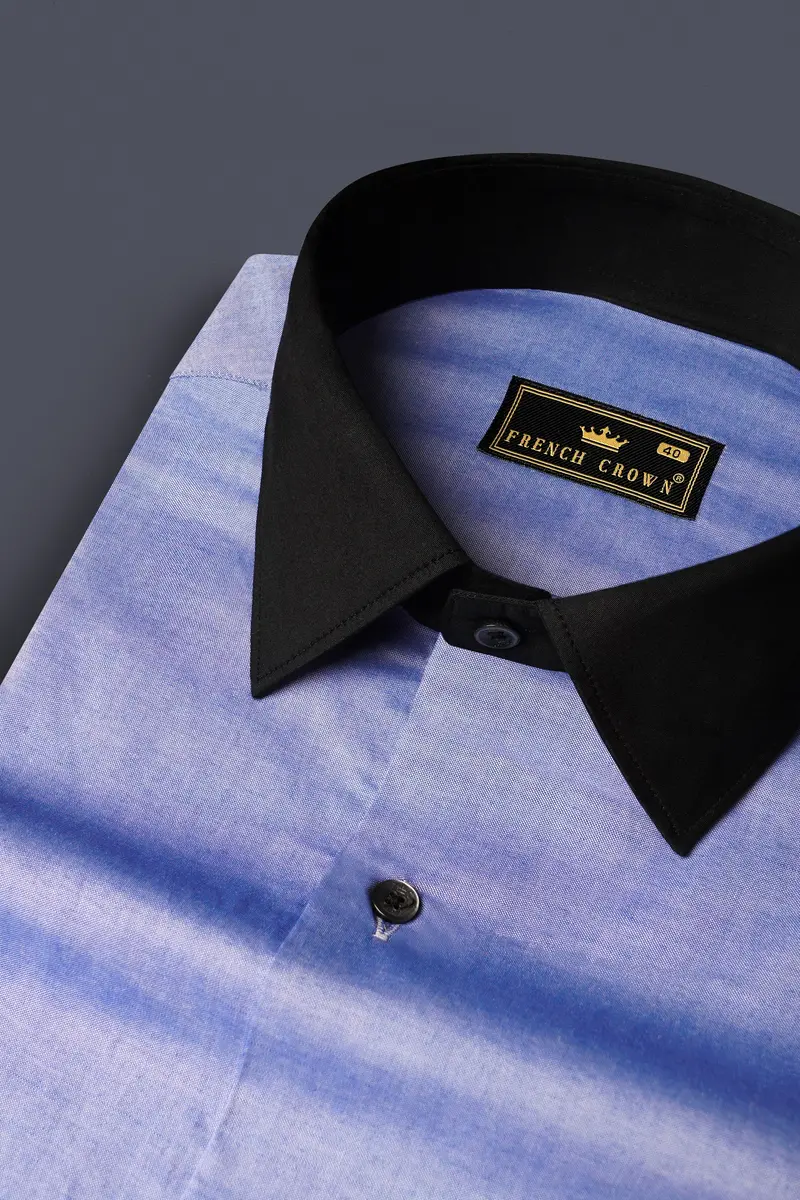 Wistful Blue Solid Premium Cotton Black Cuff Collar Shirt 4
