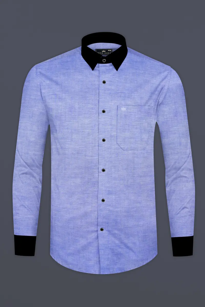 Wistful Blue Solid Premium Cotton Black Cuff Collar Shirt 5