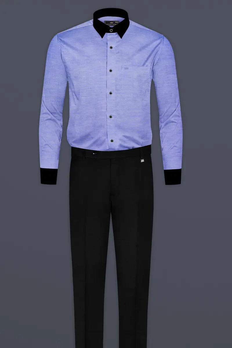 Wistful Blue Solid Premium Cotton Black Cuff Collar Shirt 7