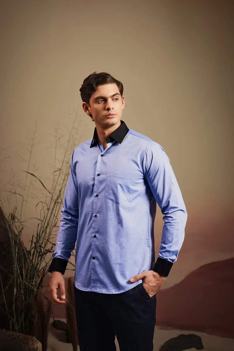 Wistful Blue Solid Premium Cotton Black Cuff Collar Shirt 8