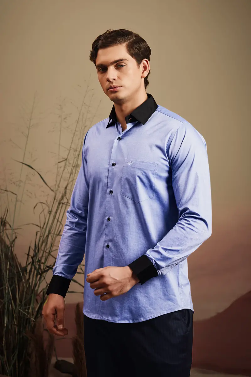 Wistful Blue Solid Premium Cotton Black Cuff Collar Shirt 9