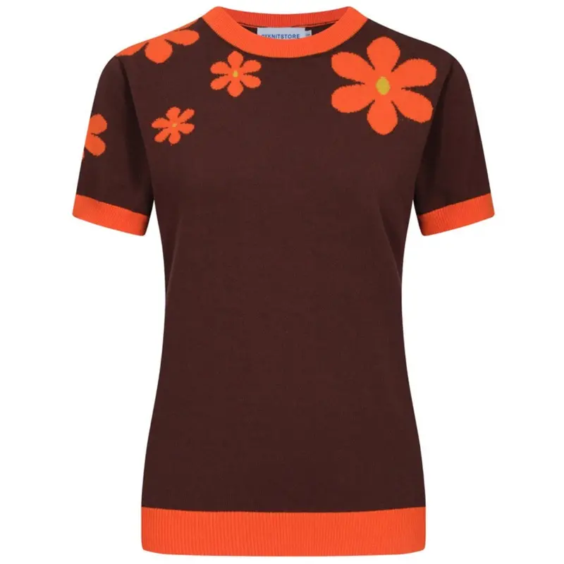 Women Orange Flowers Short Sleeves Brown Knitwear 1