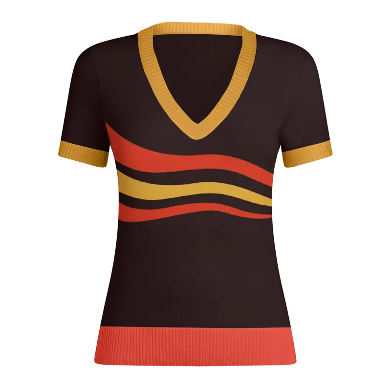 Women Retro Wave Line V-Neck Brown Short Sleeves Knitwear 1