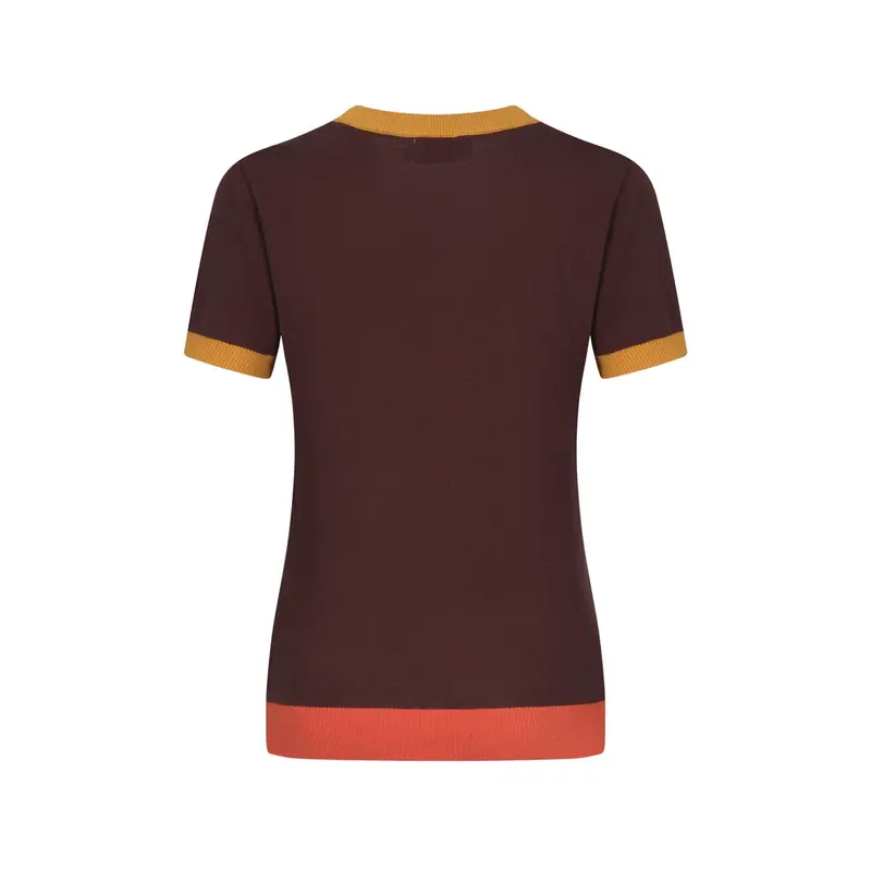 Women Retro Wave Line V-Neck Brown Short Sleeves Knitwear 3