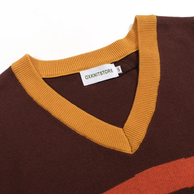 Women Retro Wave Line V-Neck Brown Short Sleeves Knitwear 4