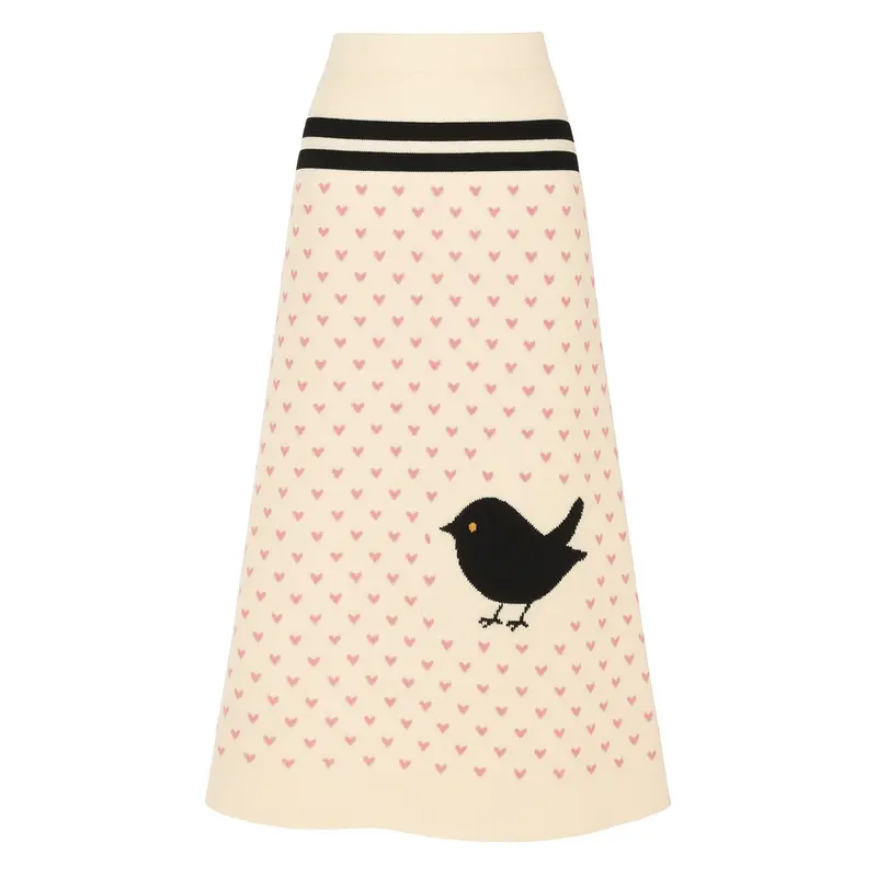 Women White Apricot Retro Heart Pattern Bird Jacquard Skirt 1