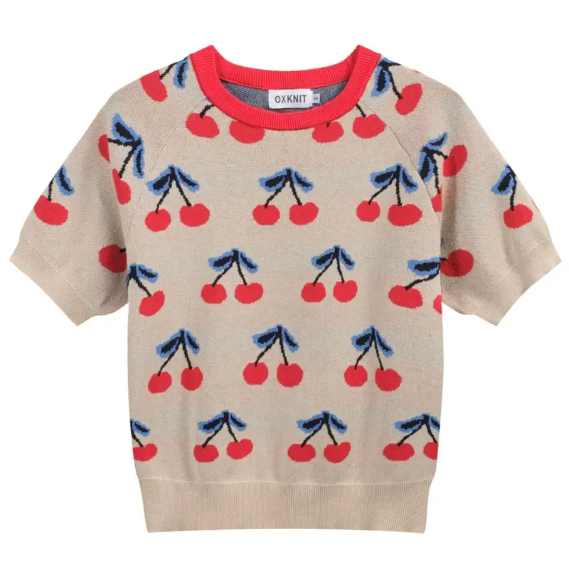 Women’S 70S Beige Cherry Knit Tee – Retro Fruit Print Top-Cropped Length 1