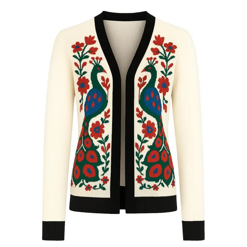 Women's Apricot Peacock Jacquard Cardigan 1