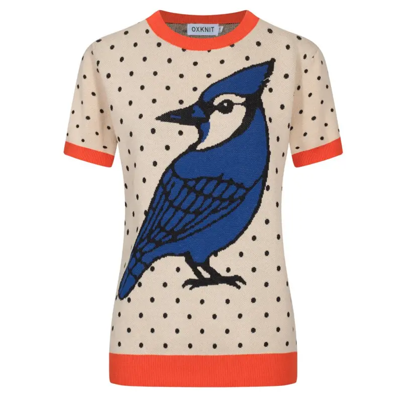 Women's Apricot Polka Dot Bird Vintage Knit T-Shirt 1