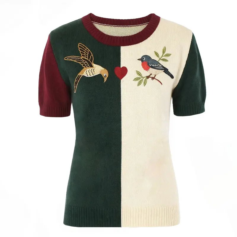 Women's Apricot Retro Patchwork Bird Embroidery Design Knitted T-Shirt 1