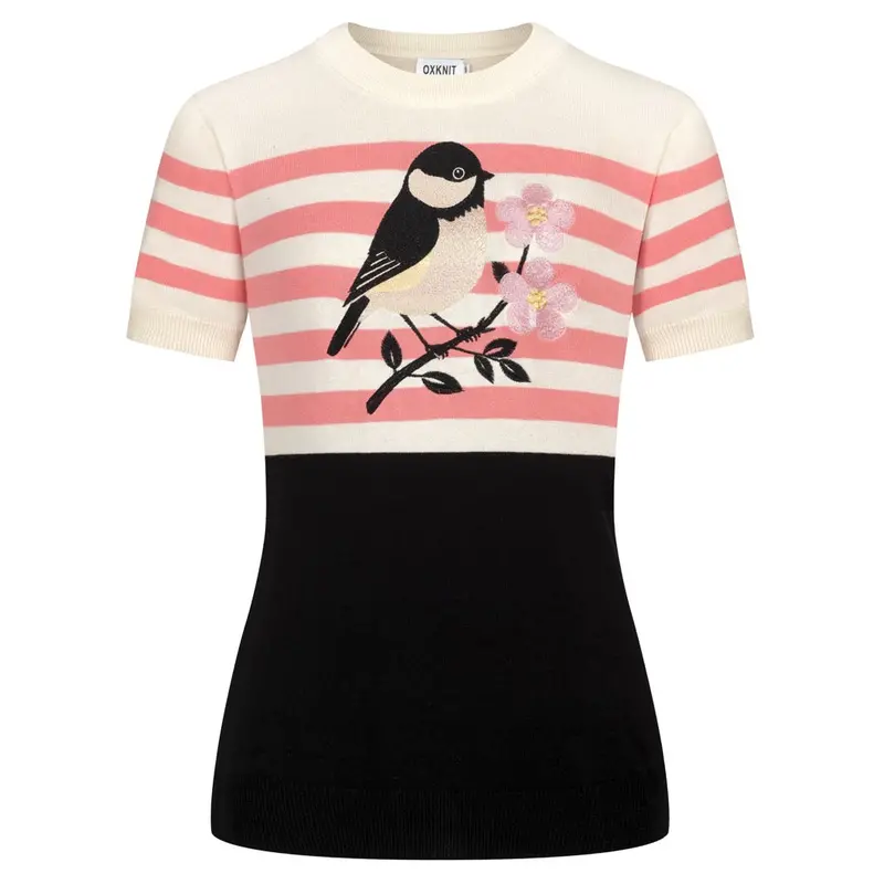 Women's Apricot White Bird Stripe Art Knit T-Shirt 1