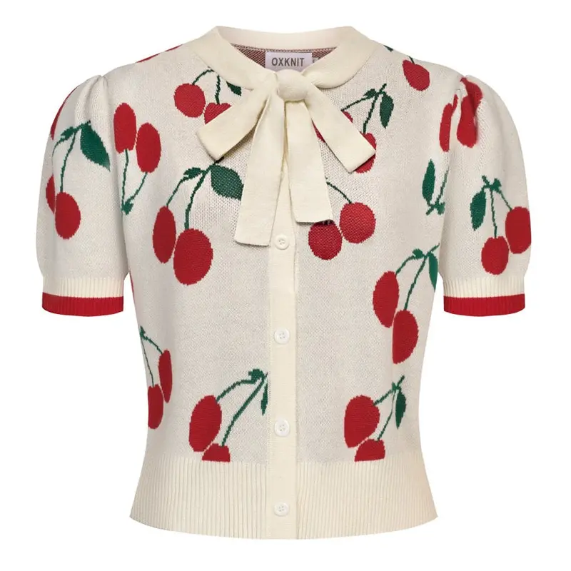 Women's Apricot White Cherry Knitted Cardigan - Cropped Length 1