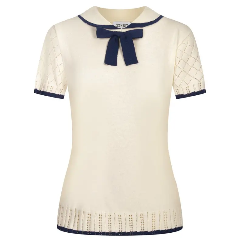 Women's Apricot White Retro Minimalist Jacquard Polo Knit T-Shirt 1