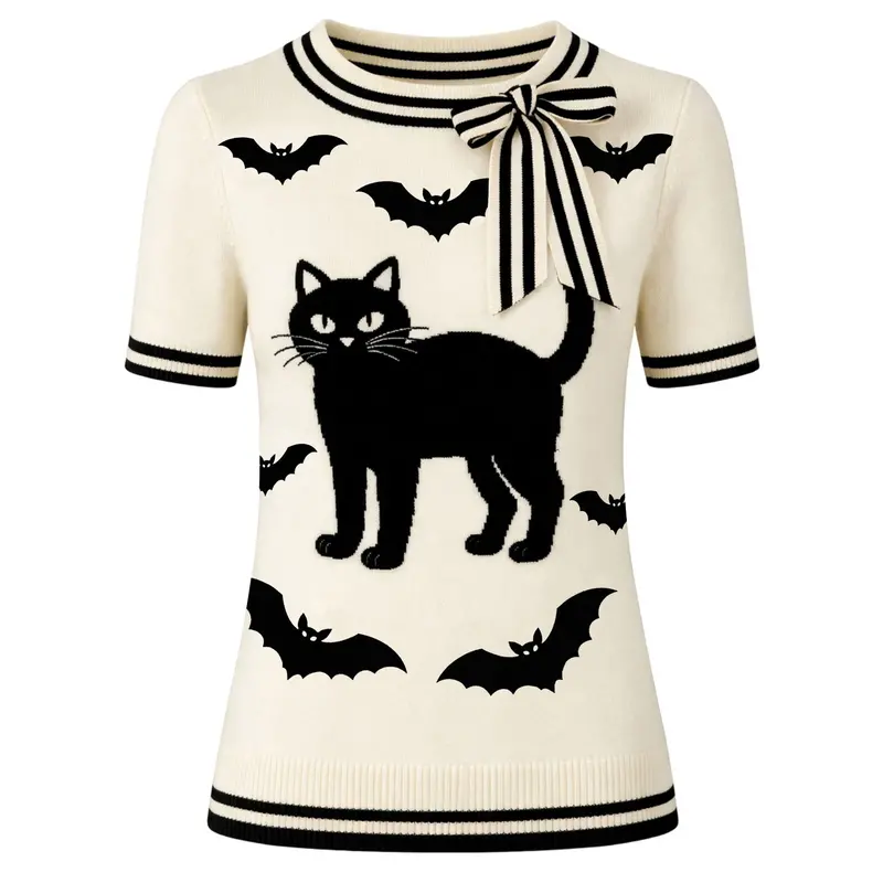 Women's Apricot White Vintage Cat And Bat Art Jacquard Knit T-Shirt 1