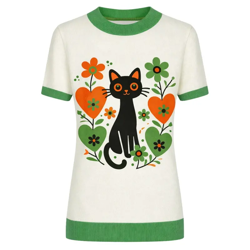 Women's Apricot White Vintage Kitten Art Knit T-Shirt 1