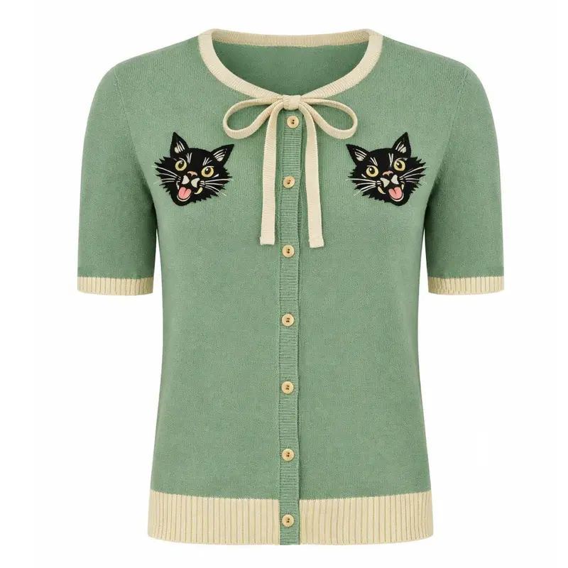 Women's Bean Green Retro Cat Embroidered Knit Cardigan T-Shirt - Cropped Length 1