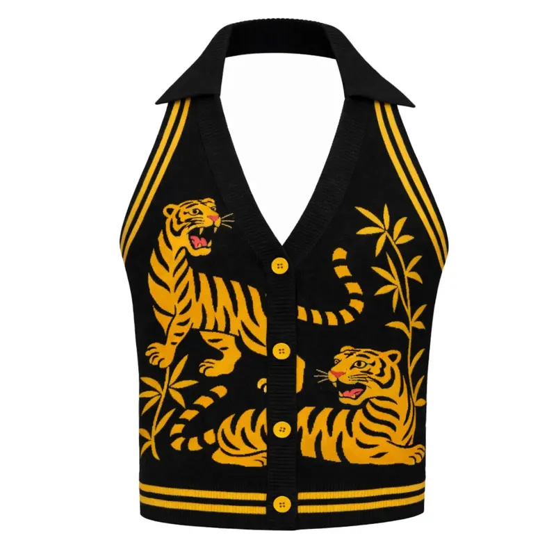 Women's Black Animal Jacquard Knit Vest 1