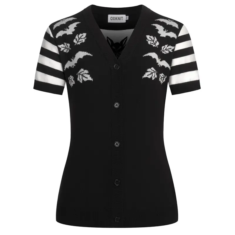 Women's Black Bat Jacquard V-Neck Cardigan 1