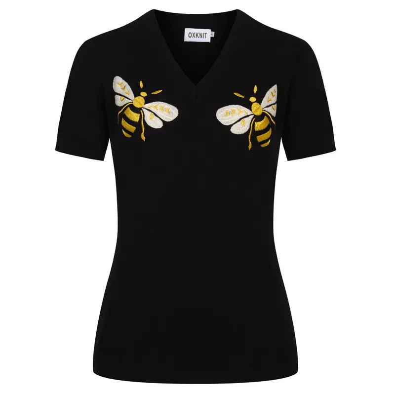Women's Black Bee Embroidered Vintage Knit V-Neck T-Shirt 1