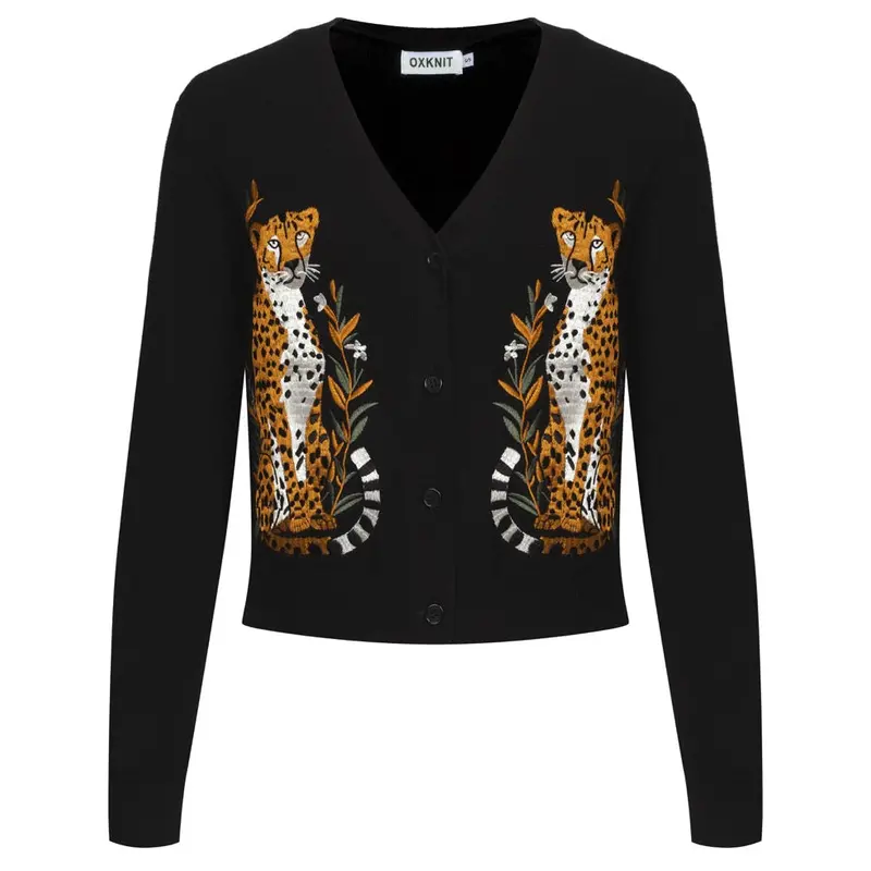 Women's Black Cheetah Embroidered Knitted Cardigan - Cropped Length 1