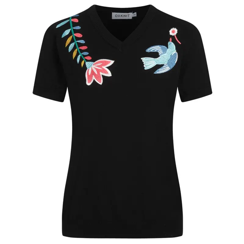 Women's Black Embroidered V-Neck Knitwear 1