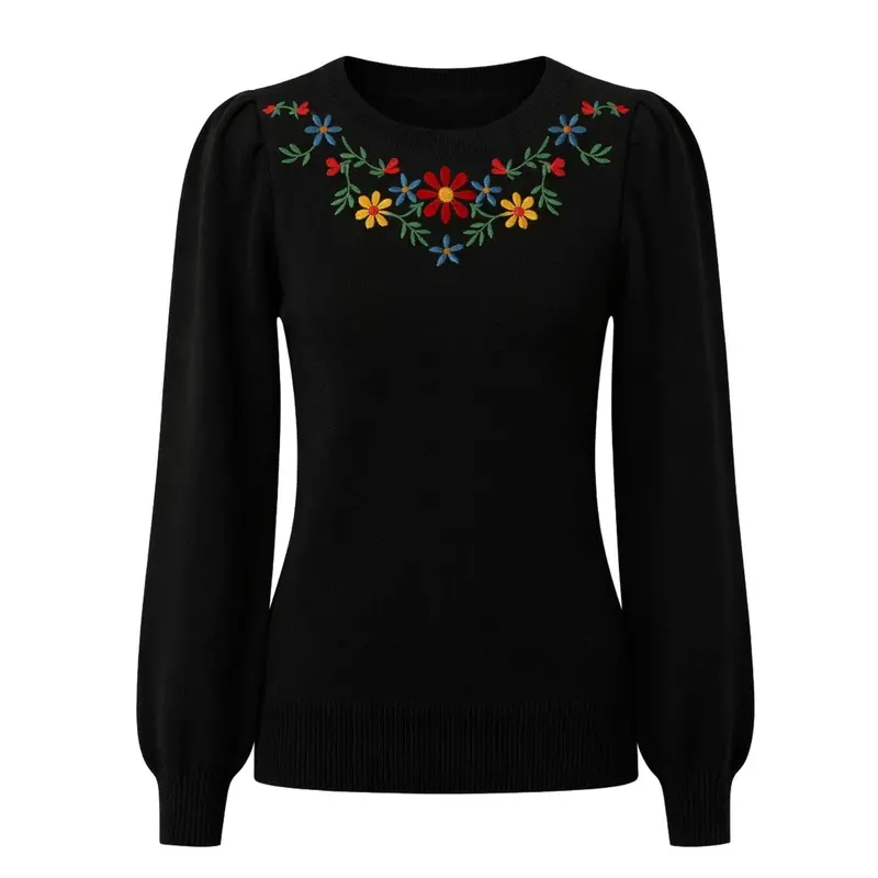 Women's Black Floral Embroidery With Bubble Sleeve Knitwear 1