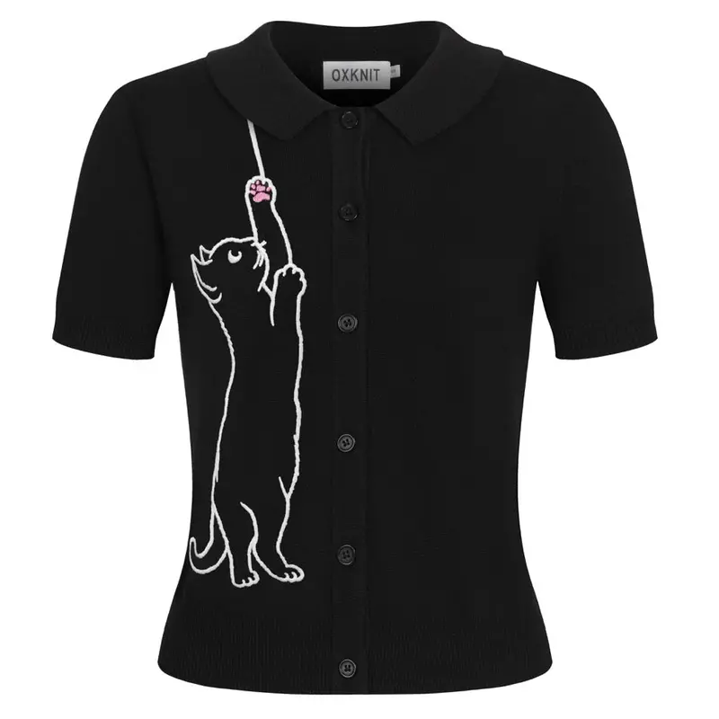 Women's Black Kitten Embroidered Knit Cardigan - Cropped Length 1