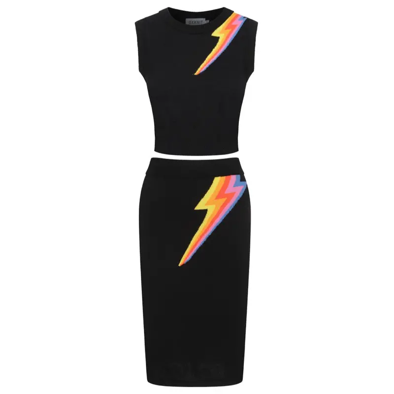 Women’S Black Knit Set With Colorful Lightning Graphic – Crop Top & Pencil Skirt 1