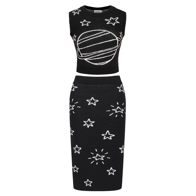 Women's Black Planet Jacquard Vintage Vest Skirt Suit 1
