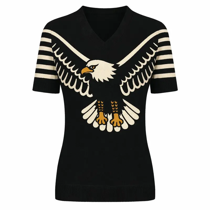 Women's Black Retro Eagle Jacquard V-Neck Knit T-Shirt 1