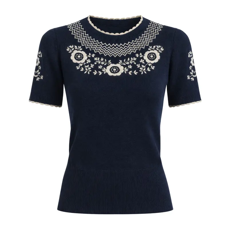 Women's Black Retro Floral Embroidered Knit T-Shirt - Cropped Length 1