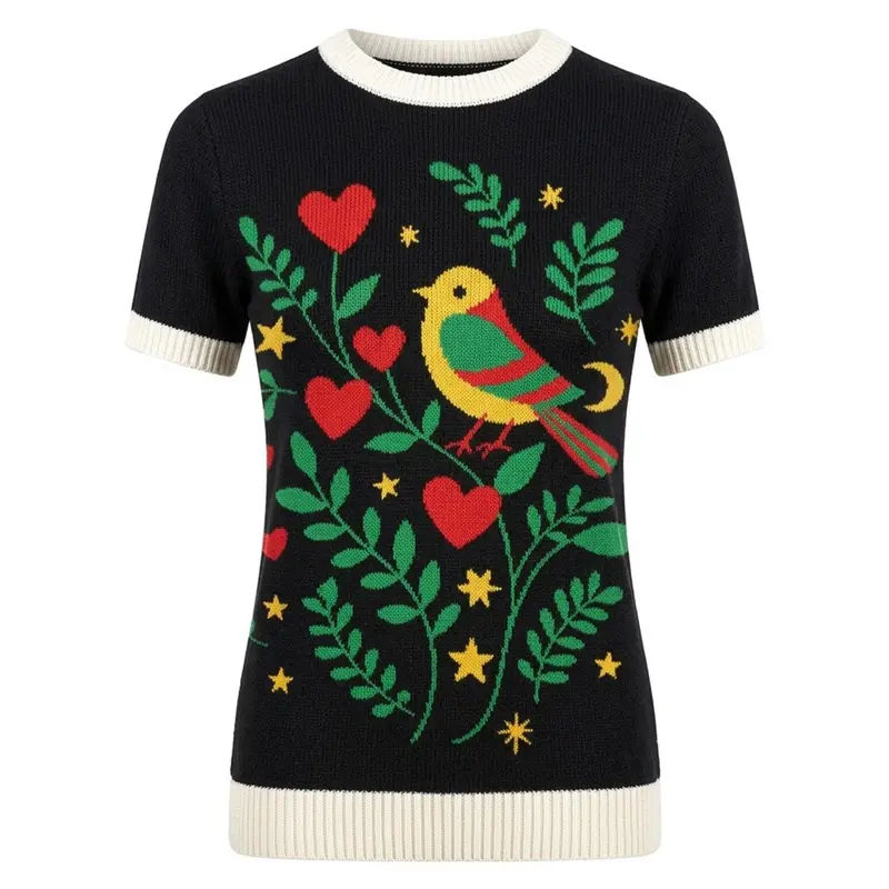 Women's Black Retro Folk Pattern Crewneck Knit T-Shirt 1