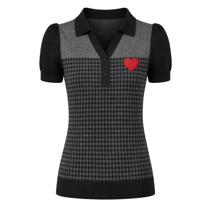 Women's Black Retro Houndstooth Jacquard Knit T-Shirt 1