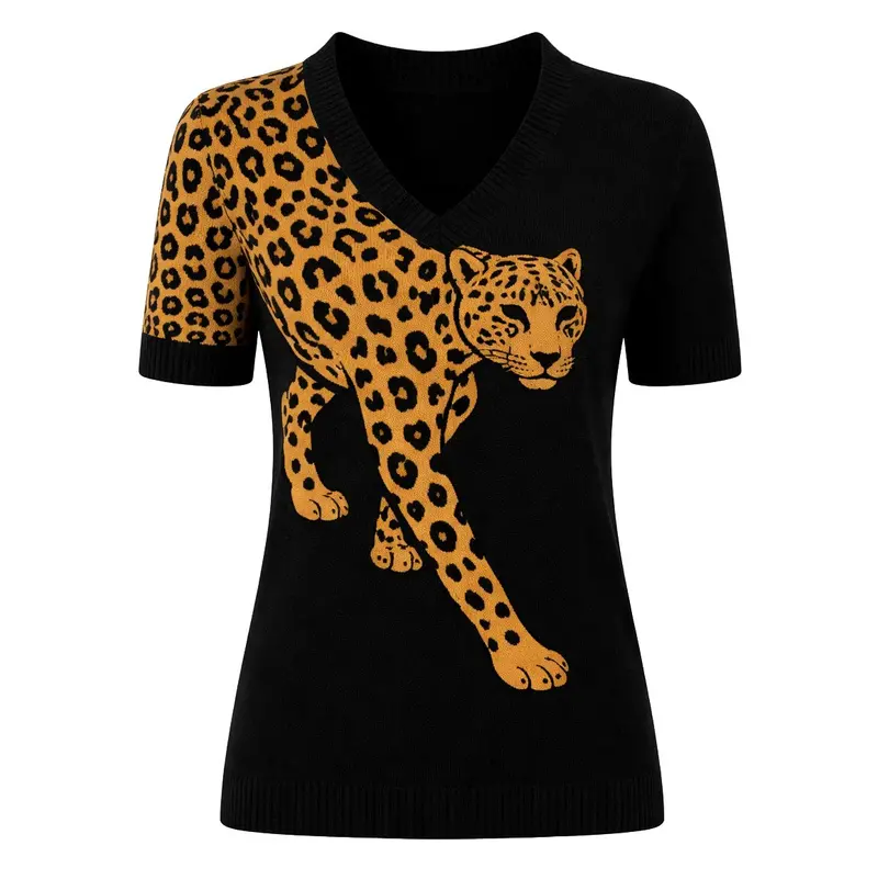 Women's Black Retro Leopard Jacquard V-Neck Knit T-Shirt 1