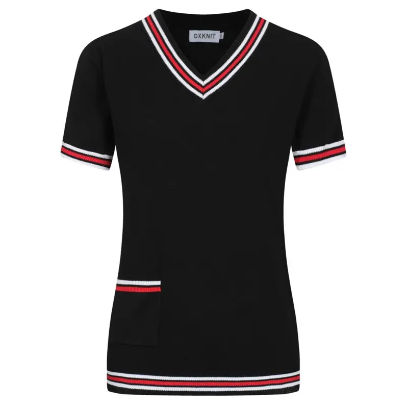 Women's Black Retro Pocket V-Neck Knitted T-Shirt 1