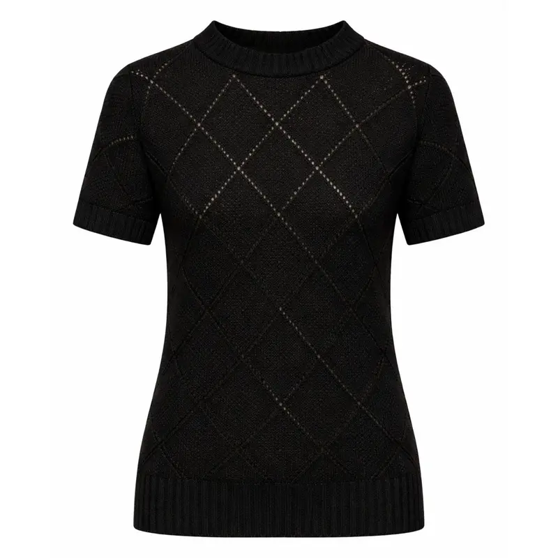Women's Black Retro Simple Hollow-Out Crewneck Knit T-Shirt 1