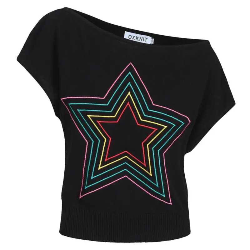 Women's Black Retro Star Knitted Plaid Shoulder-Sleeved T-Shirt - Cropped Length 1