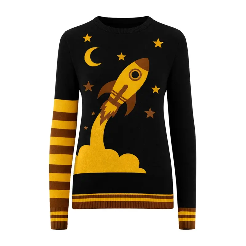 Women's Black Rocket Retro Design Jacquard Knitwear 1