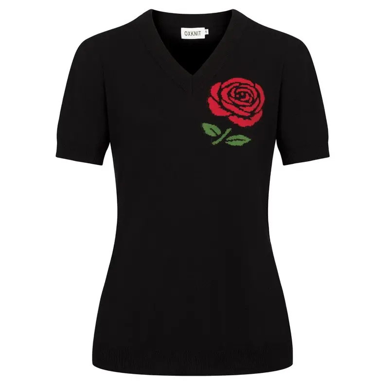 Women's Black Rose Jacquard Vintage Knit V-Neck T-Shirt 1