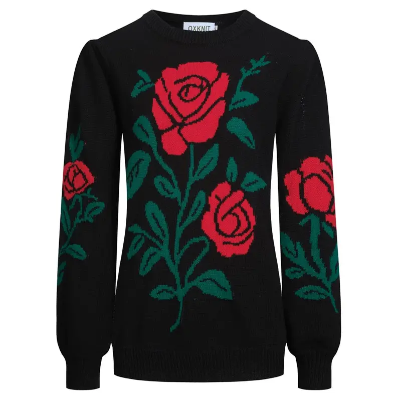 Women's Black Rose Vintage Bubble Sleeve Knitwear 1