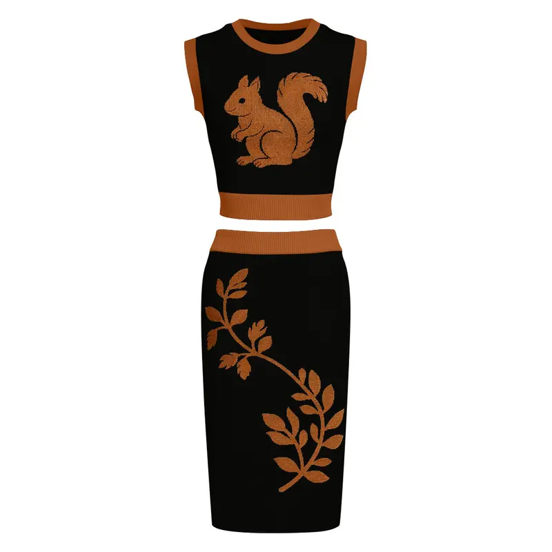 Women's Black Squirrel Jacquard Knit Vest Skirt Suit 1