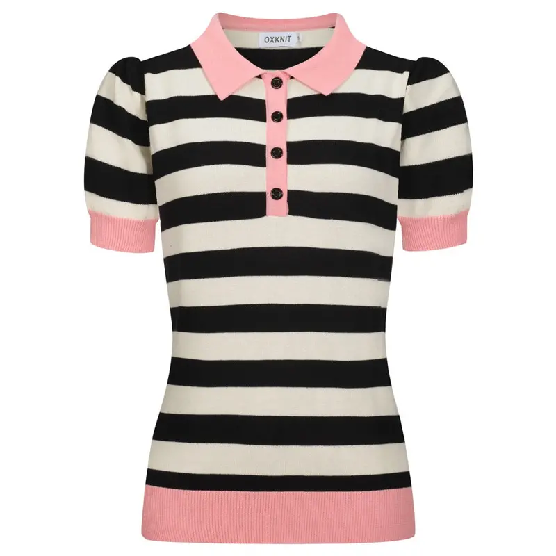 Women's Black Striped Knitted Bubble Sleeve Polo 1