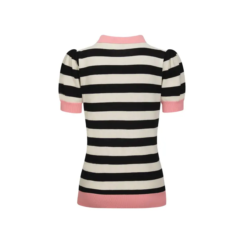 Women's Black Striped Knitted Bubble Sleeve Polo 3
